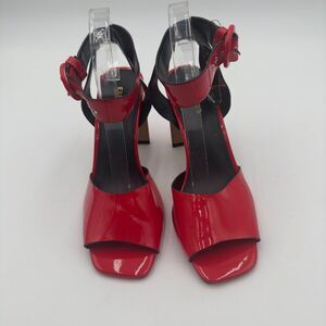 New Express vibrant red sandal chic block heel with elegant strap buckle Sz 8.5